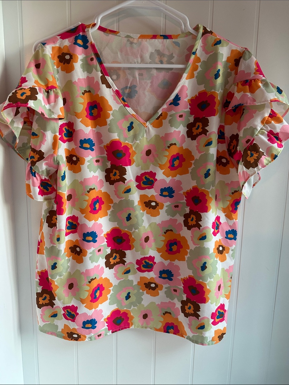 Floral V-Neck Flutter Sleeve Top - Multicolor